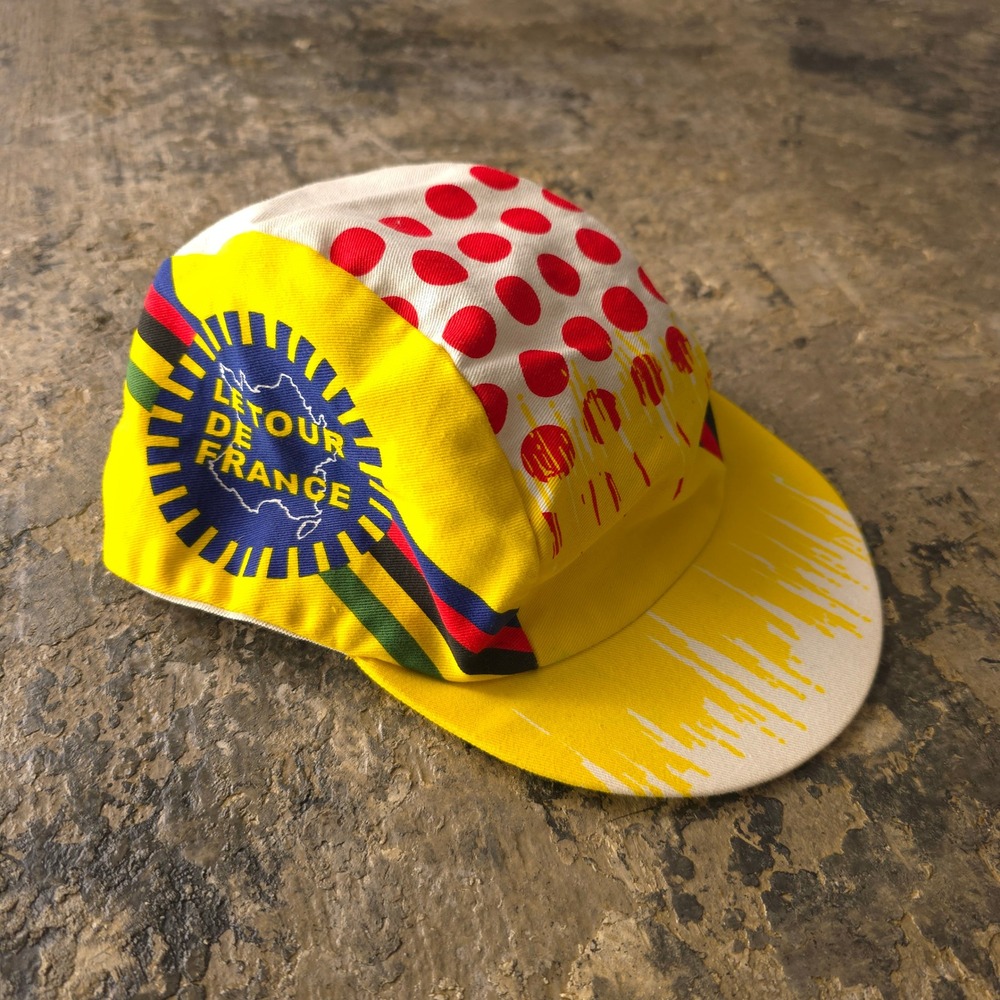 Vintage 90s Yellow Le Tour De France Cycling Cap One Size Polka Dot France